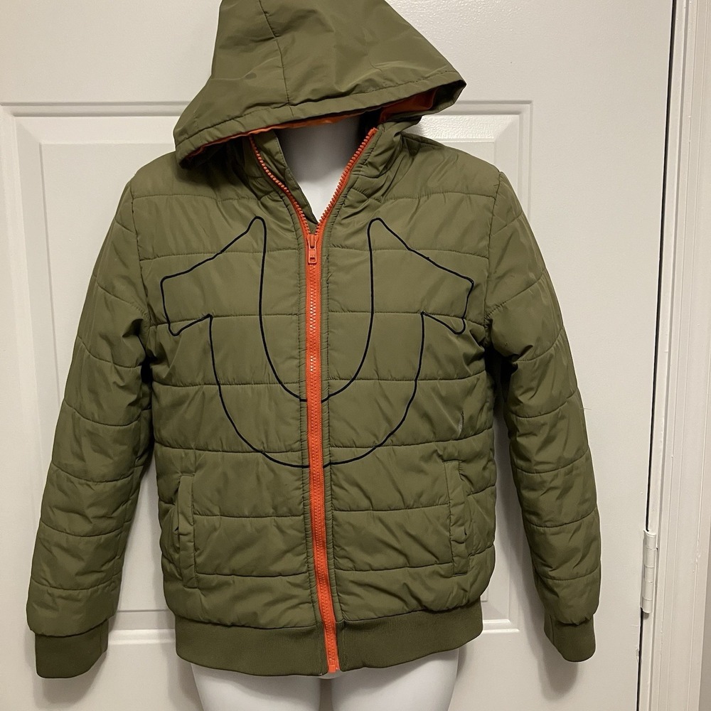 True Religion Olive Green Puffer Jacket Women's Small/Medium Horseshoe Logo Coat